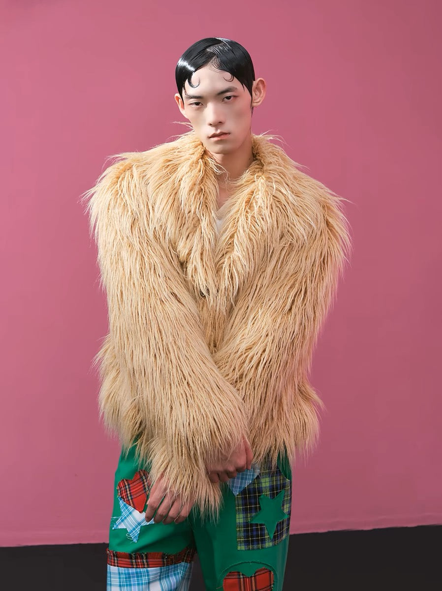 Vintage leather button long fur coat