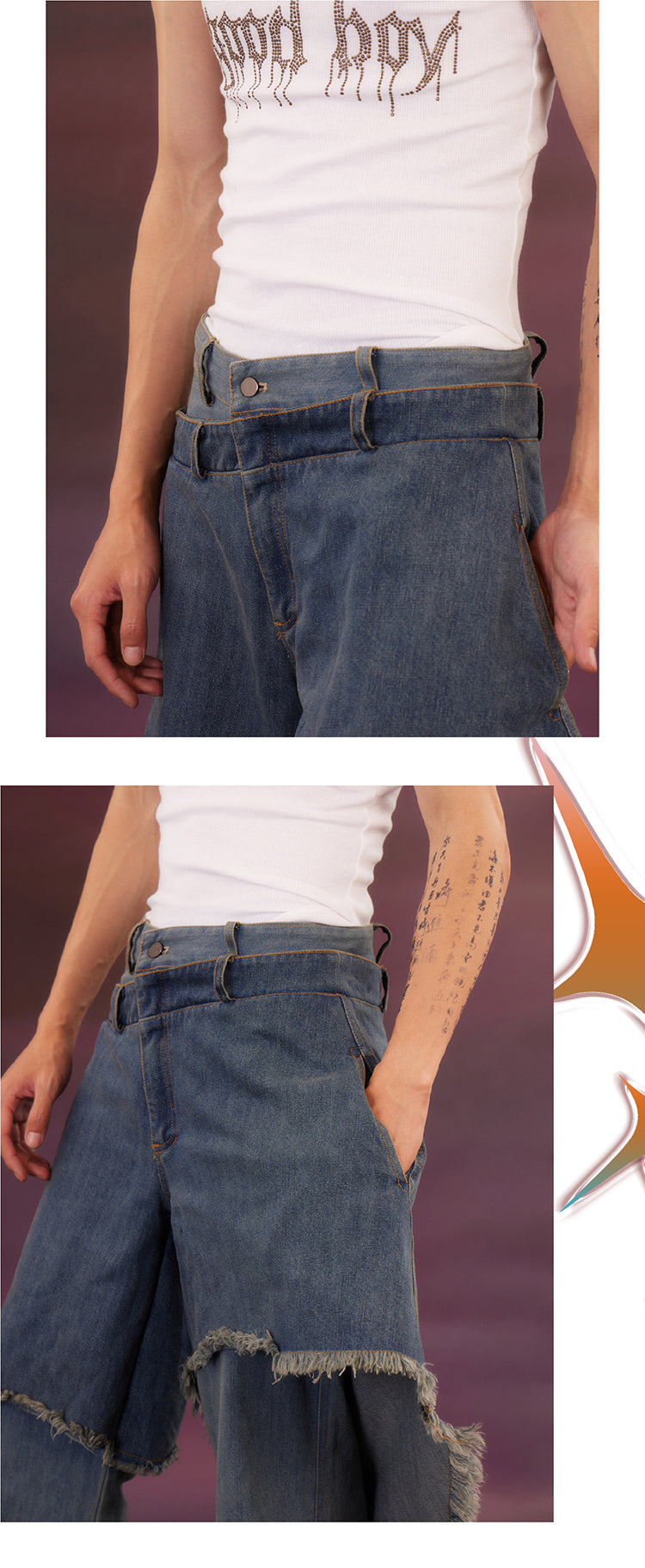 Double layered ruffled washed jeans