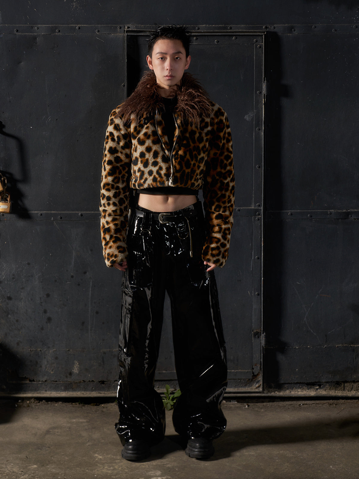 Leopard print fur short jacket