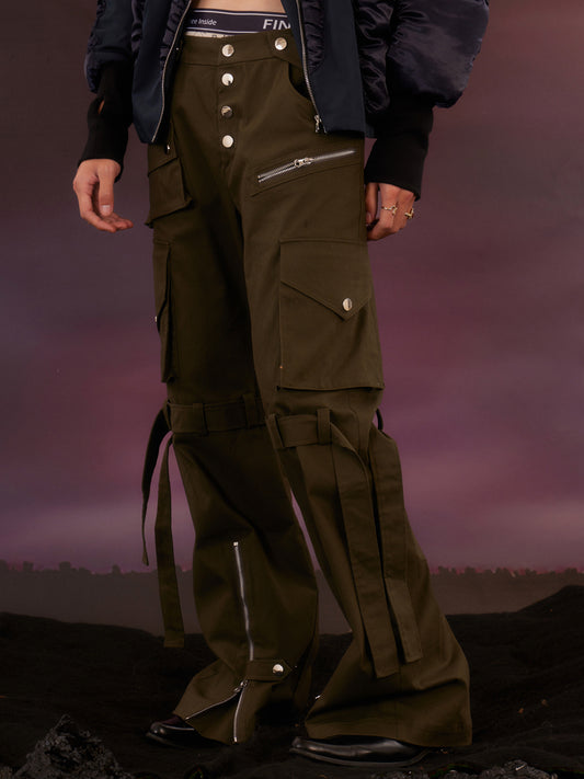 Military green zip pants with zip ties