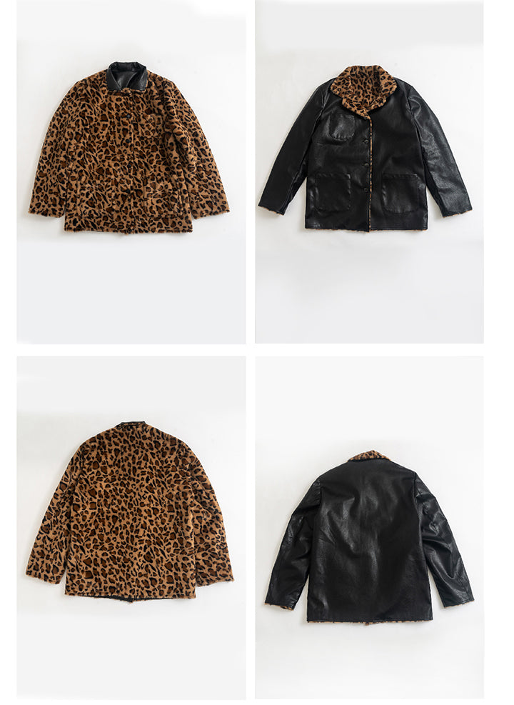Leopard print reversible black leather jacket