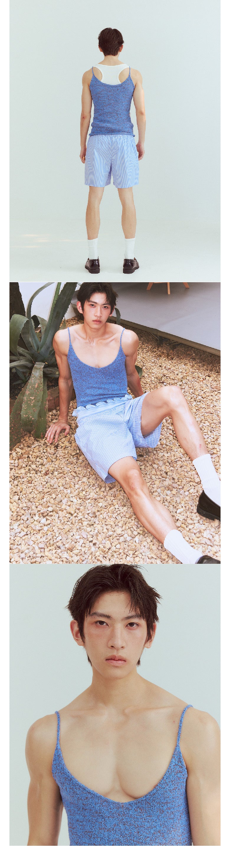 Thin shoulder strap mixed blue knitted camisole