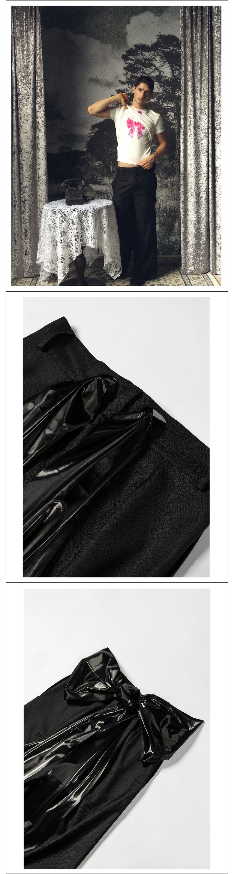 Lacquer leather back bow black pants