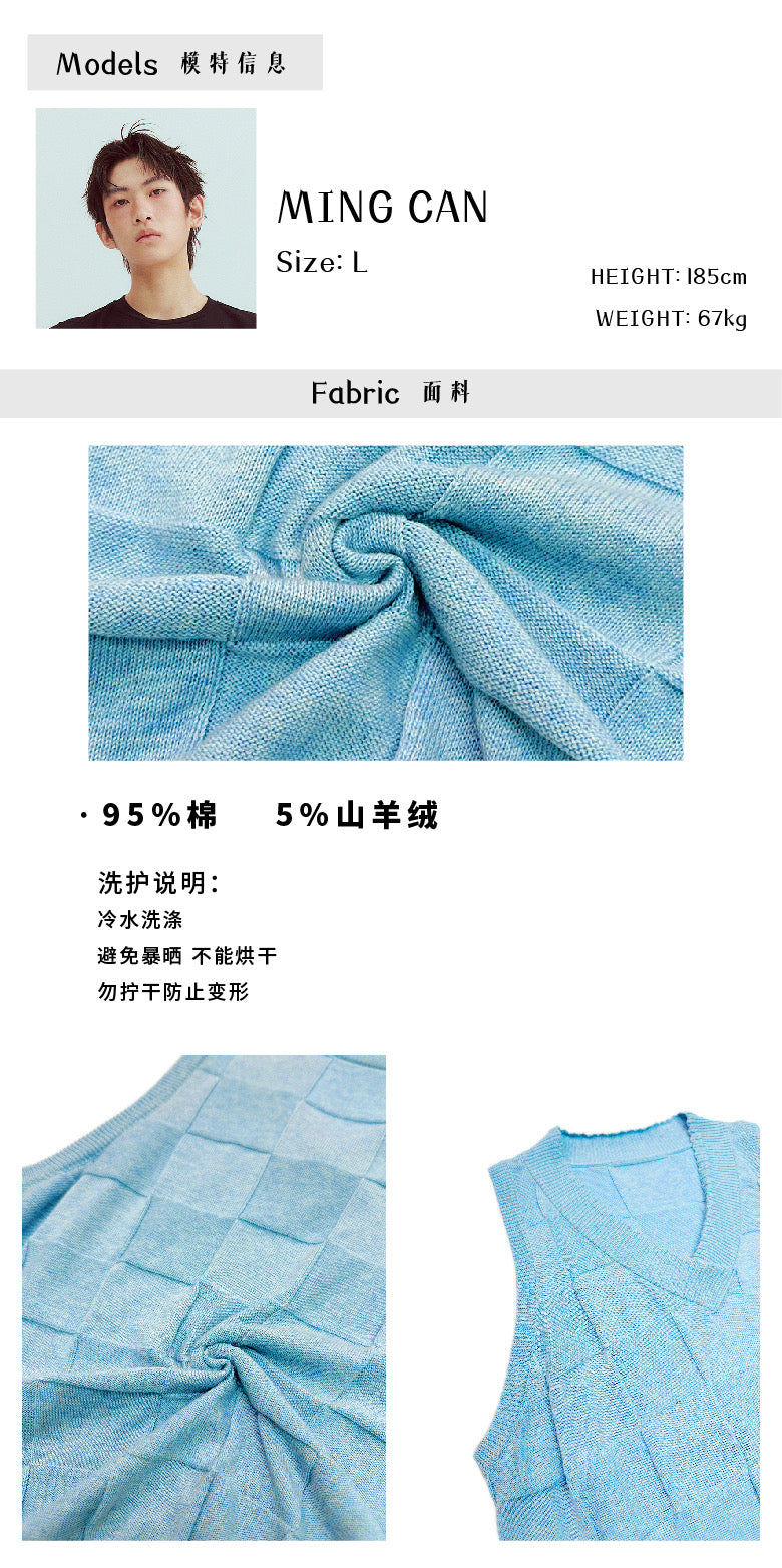 Checkered lace V-neck sleeveless knitted shirt