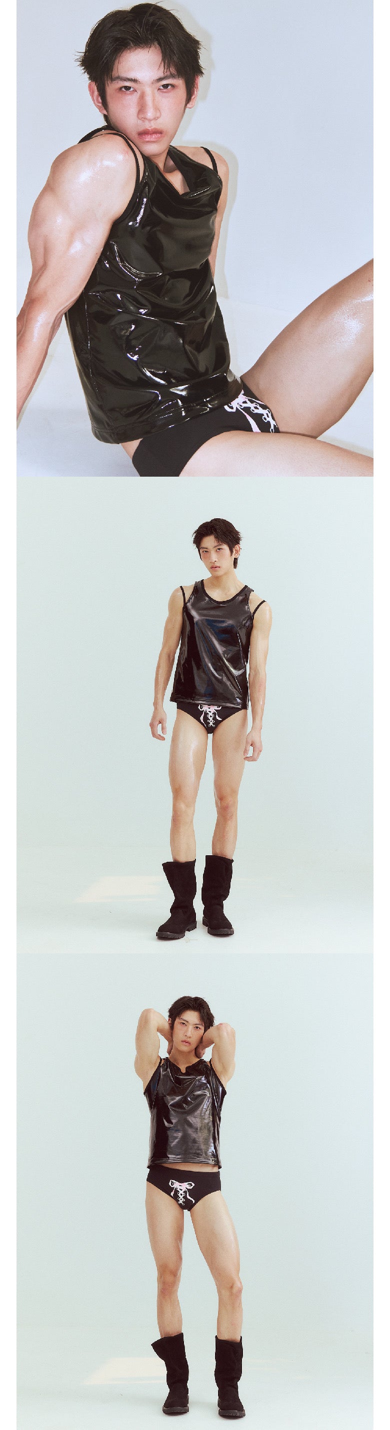 Black swim trunks with bow tie straps