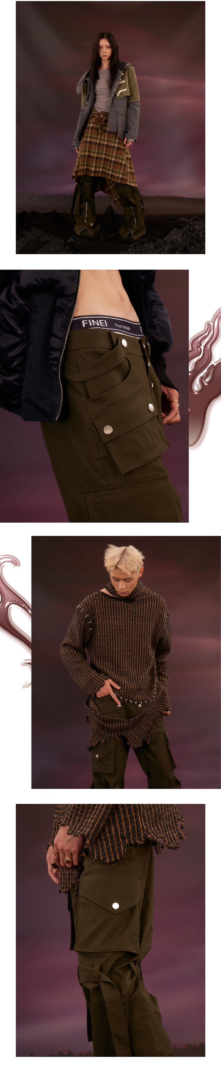 Military green zip pants with zip ties