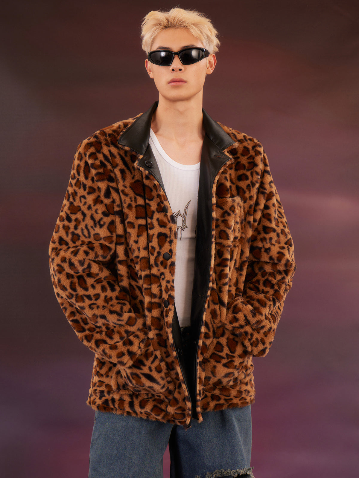 Leopard print reversible black leather jacket