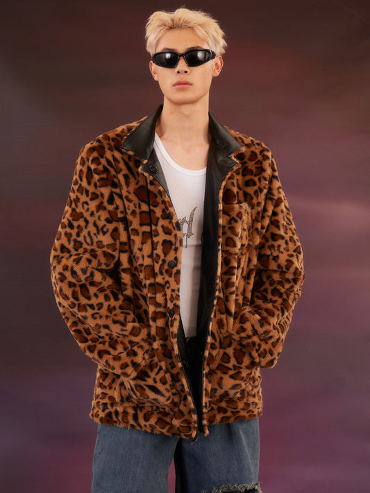 Leopard print reversible black leather jacket