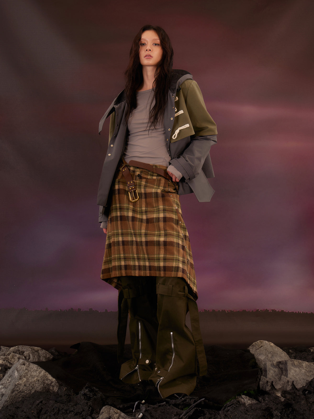 Military green zip pants with zip ties