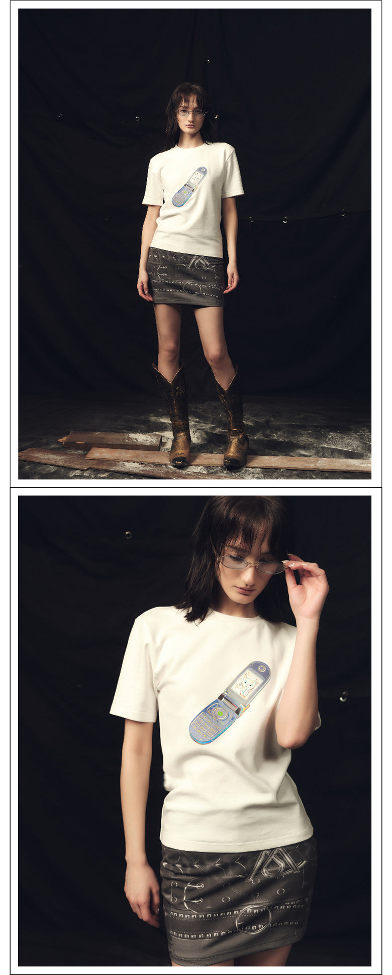 Y2k mobile phone printed tight fitting T-shirt