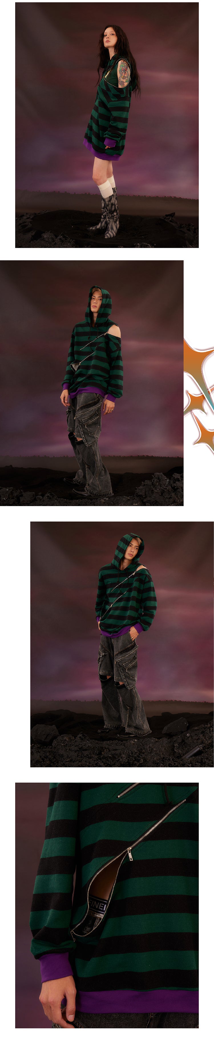 Striped Zipper Split Loose Hoodie