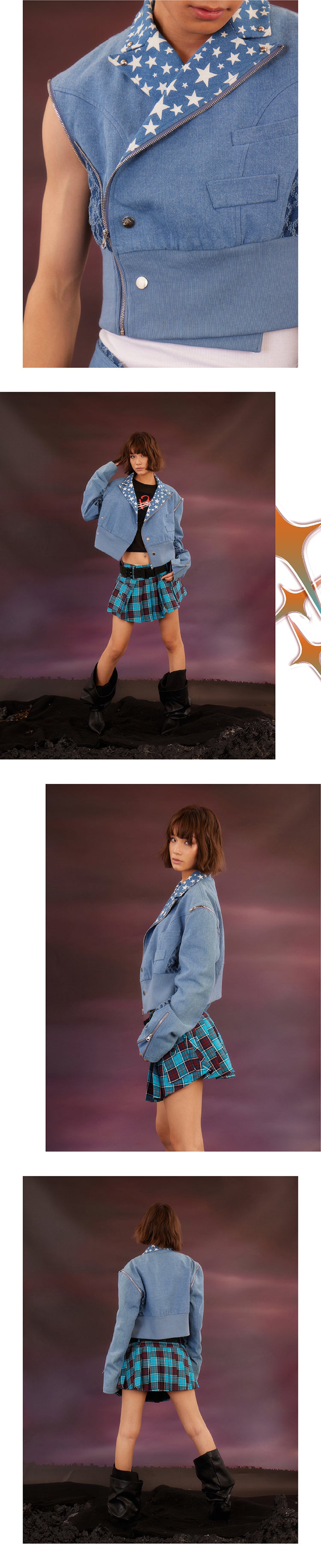 Denim sleeves detachable short jacket