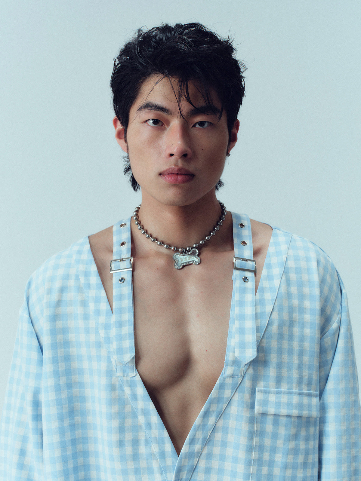 Checkered deep V-neck shirt