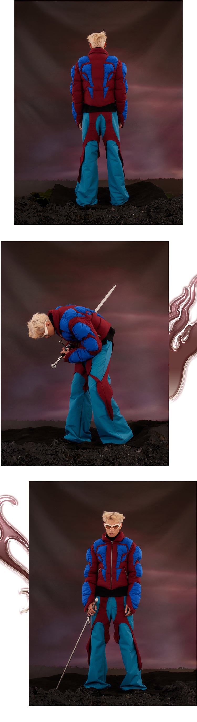 Blue and red patchwork petal pants