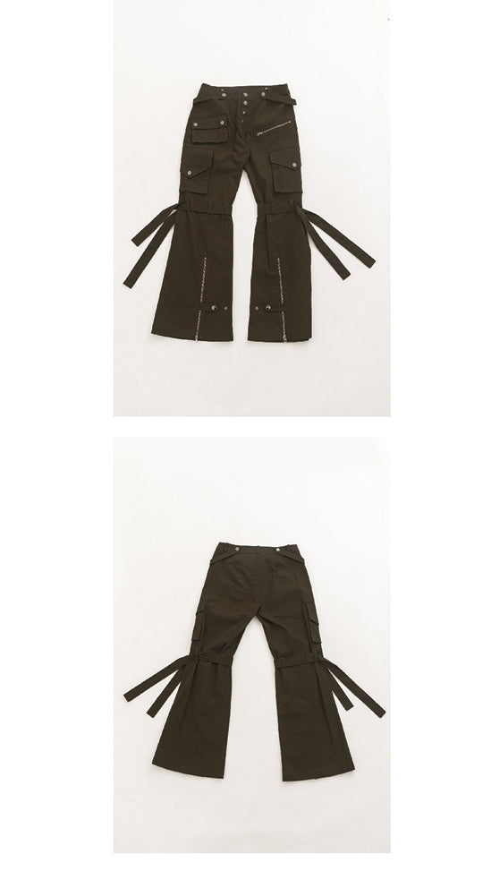 Military green zip pants with zip ties