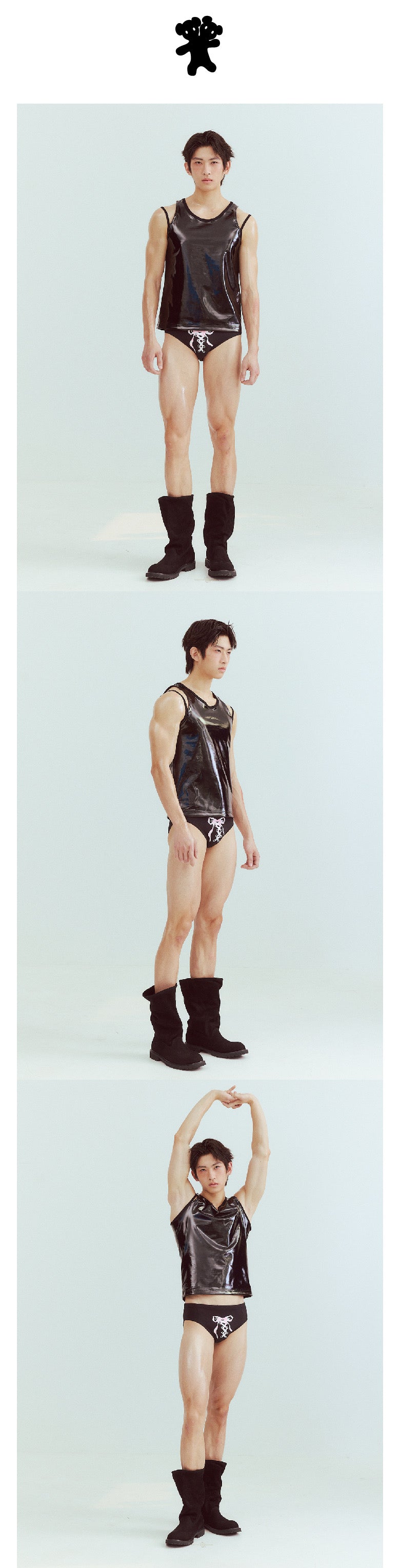 Black swim trunks with bow tie straps