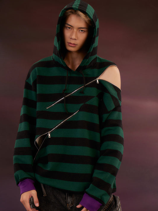 Striped Zipper Split Loose Hoodie