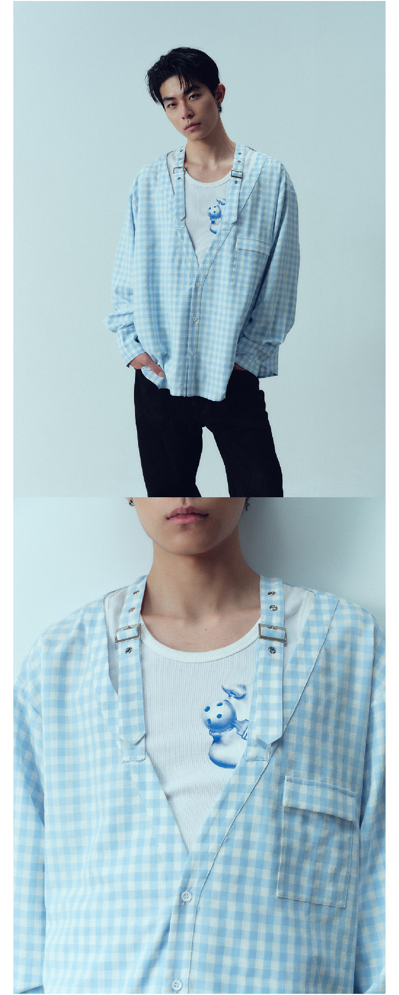 Checkered deep V-neck shirt