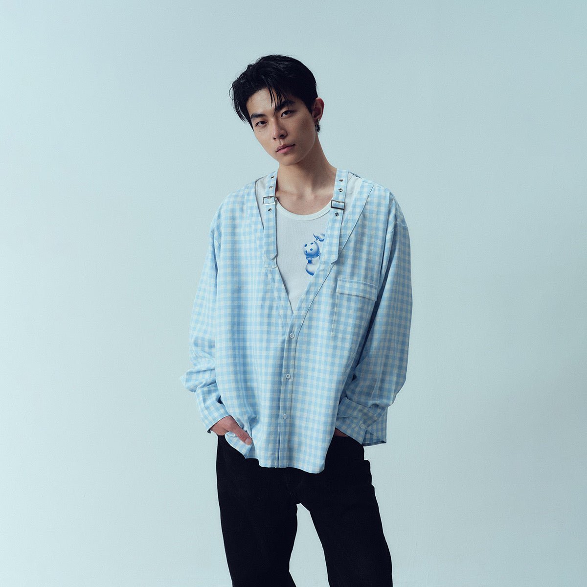 Checkered deep V-neck shirt