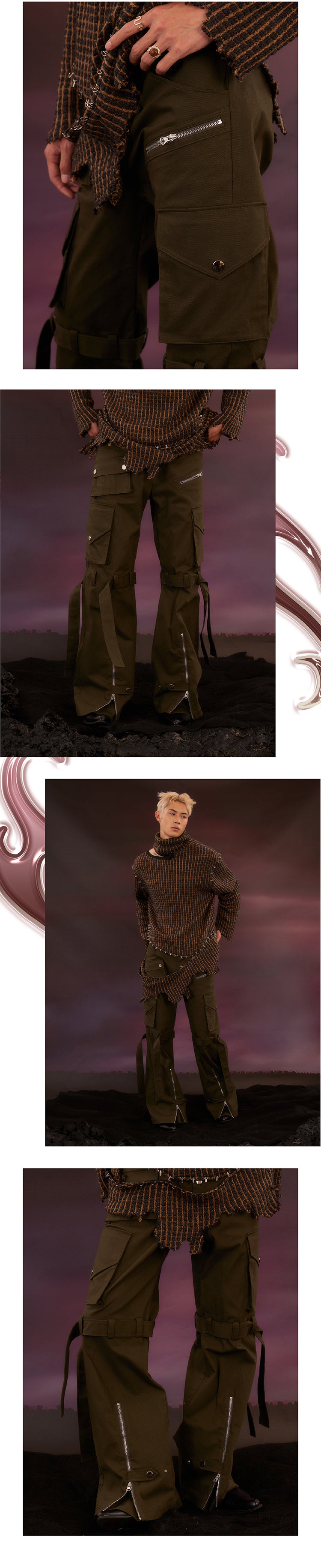 Military green zip pants with zip ties