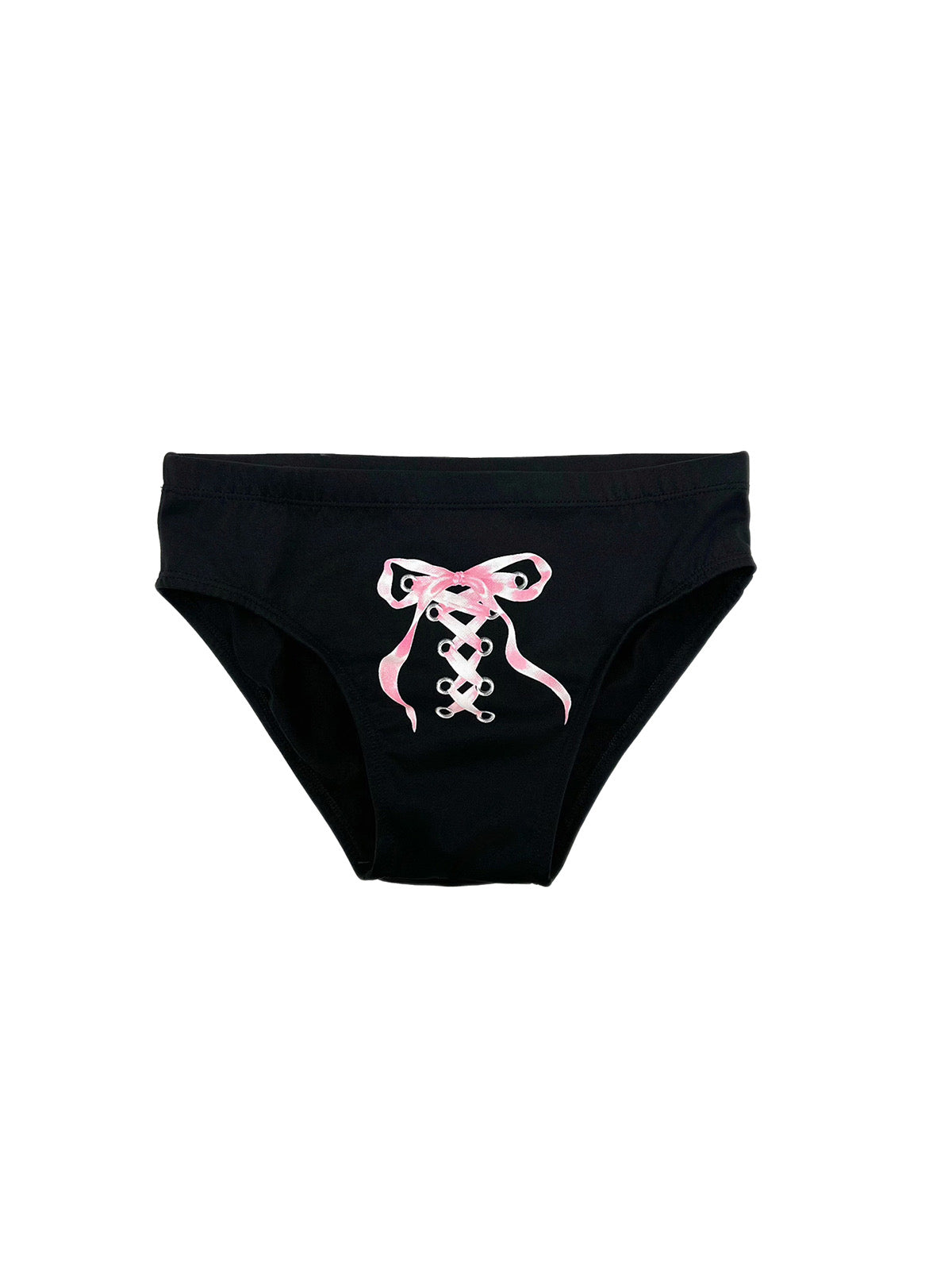 Black swim trunks with bow tie straps