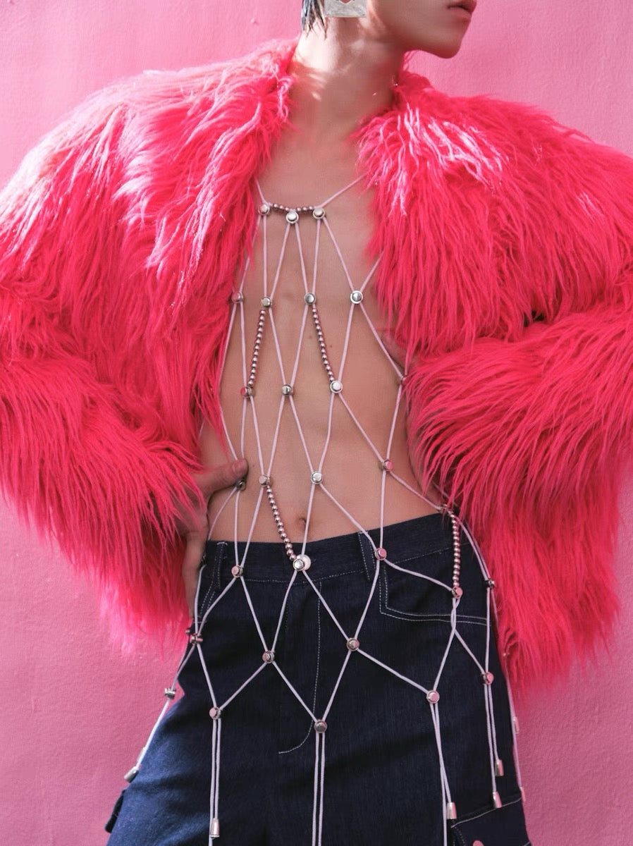 Vintage leather button long fur coat