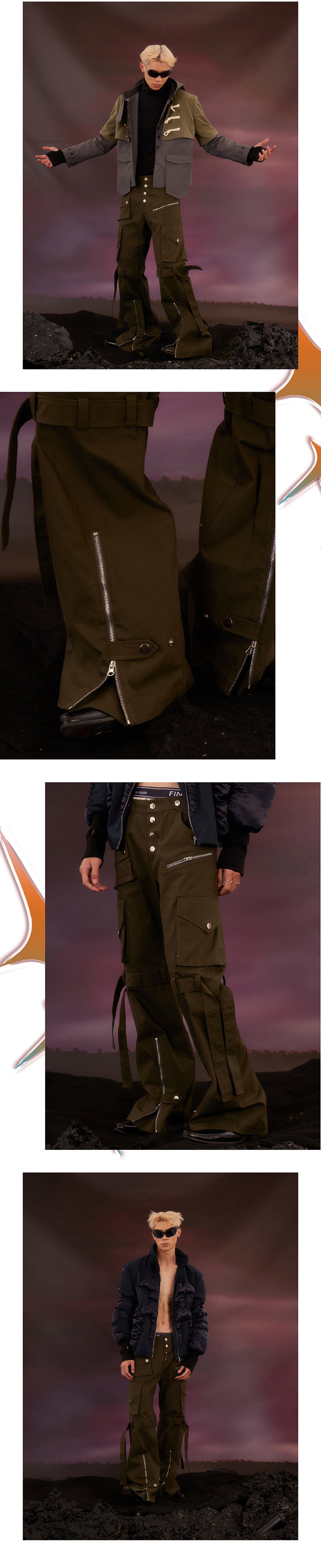 Military green zip pants with zip ties