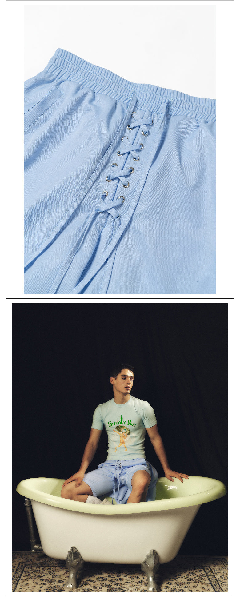 Light blue two piece shirt with strap shorts