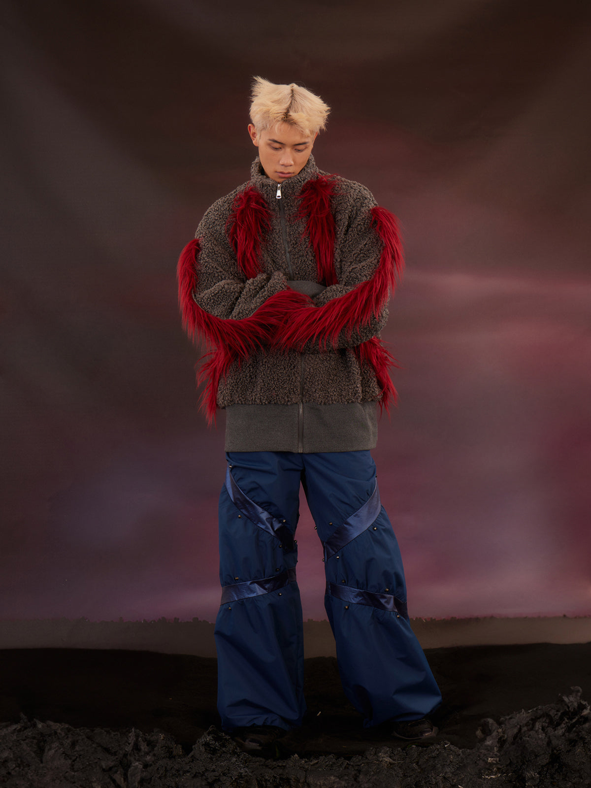 Red plush patchwork plush jacket