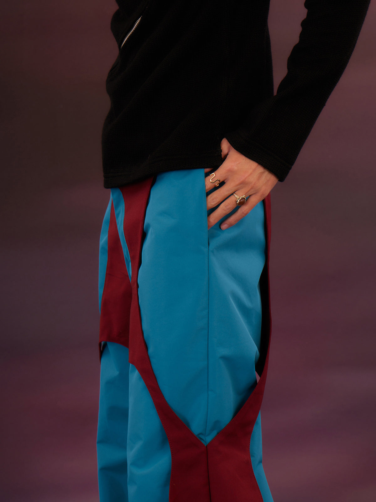 Blue and red patchwork petal pants