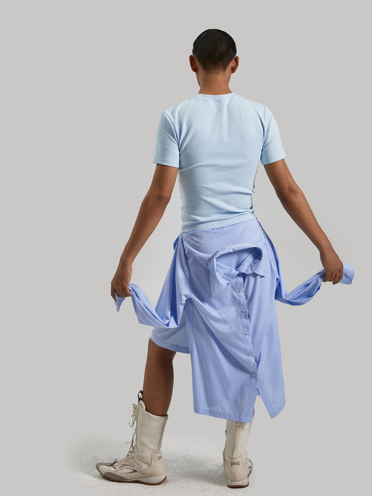 Light blue two piece shirt with strap shorts