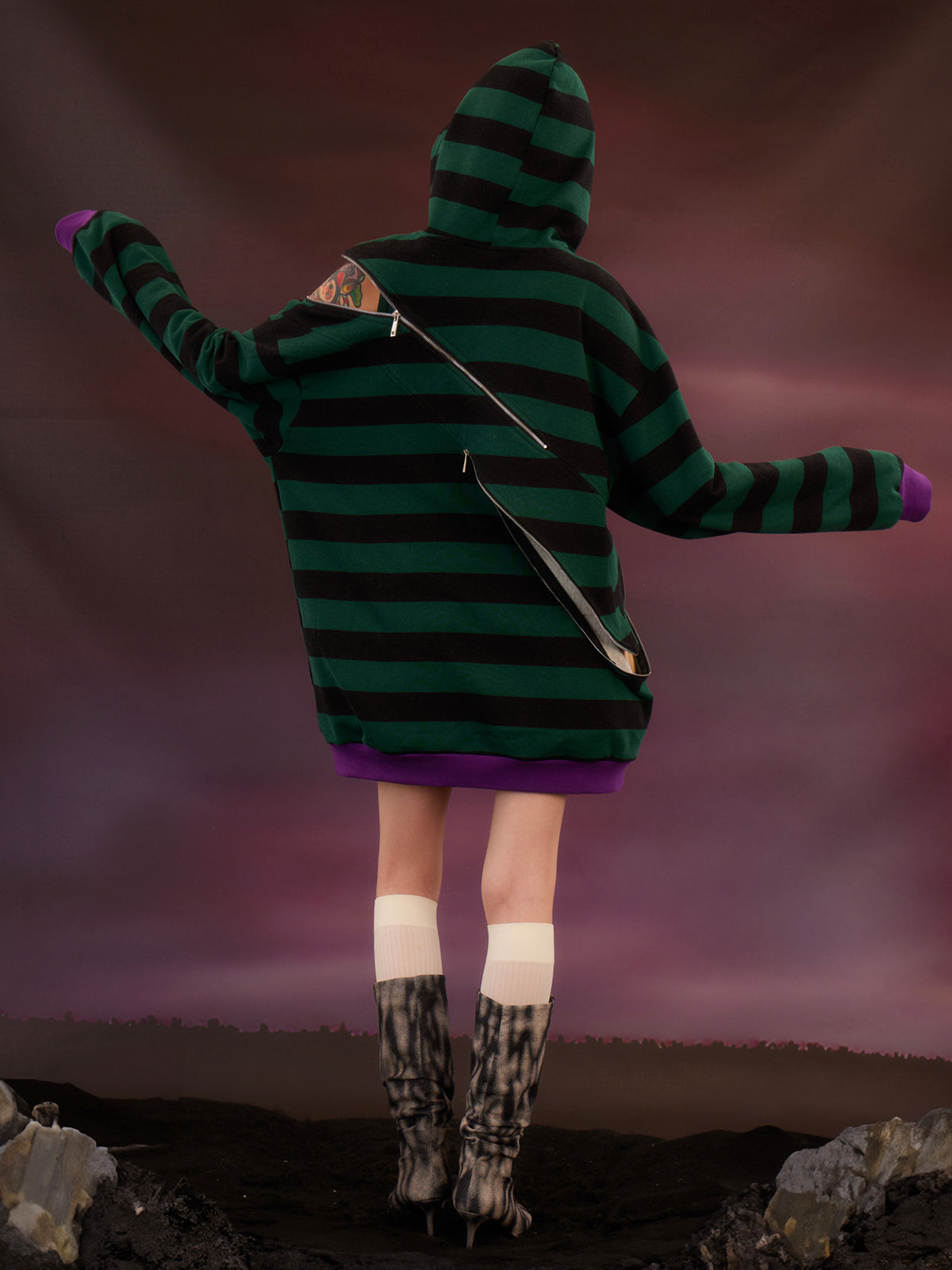 Striped Zipper Split Loose Hoodie