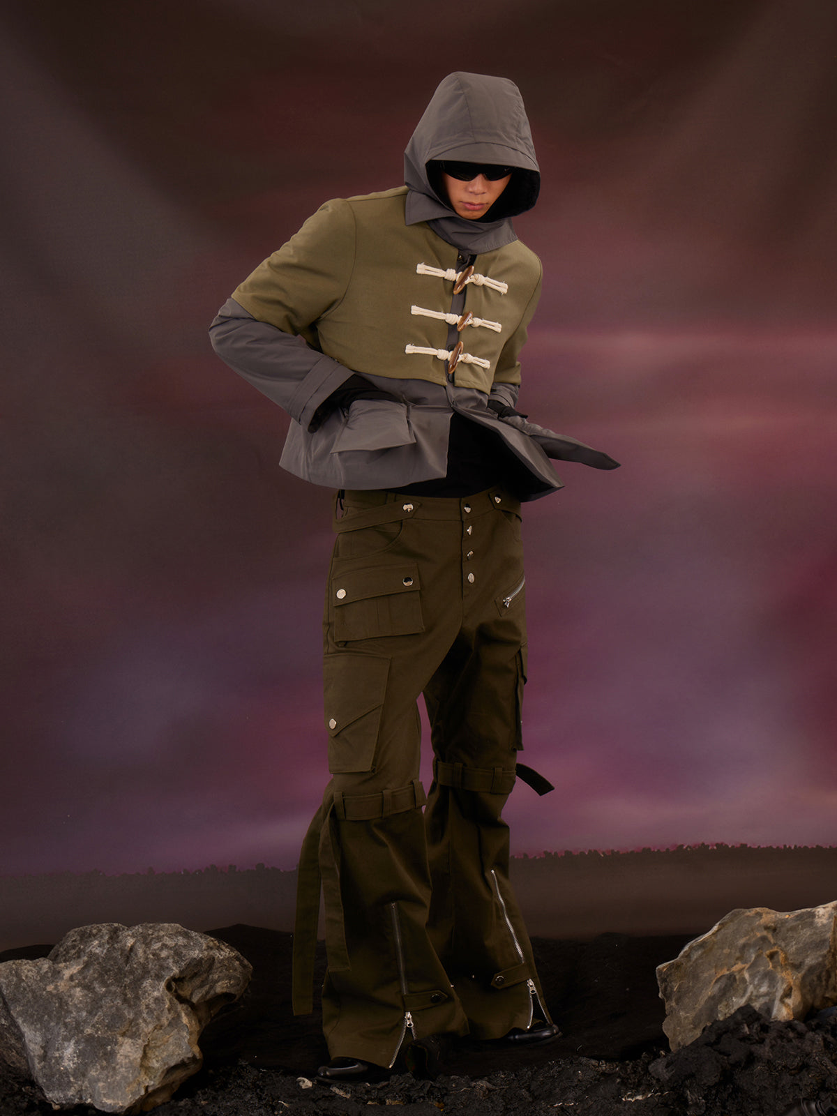 Military green zip pants with zip ties