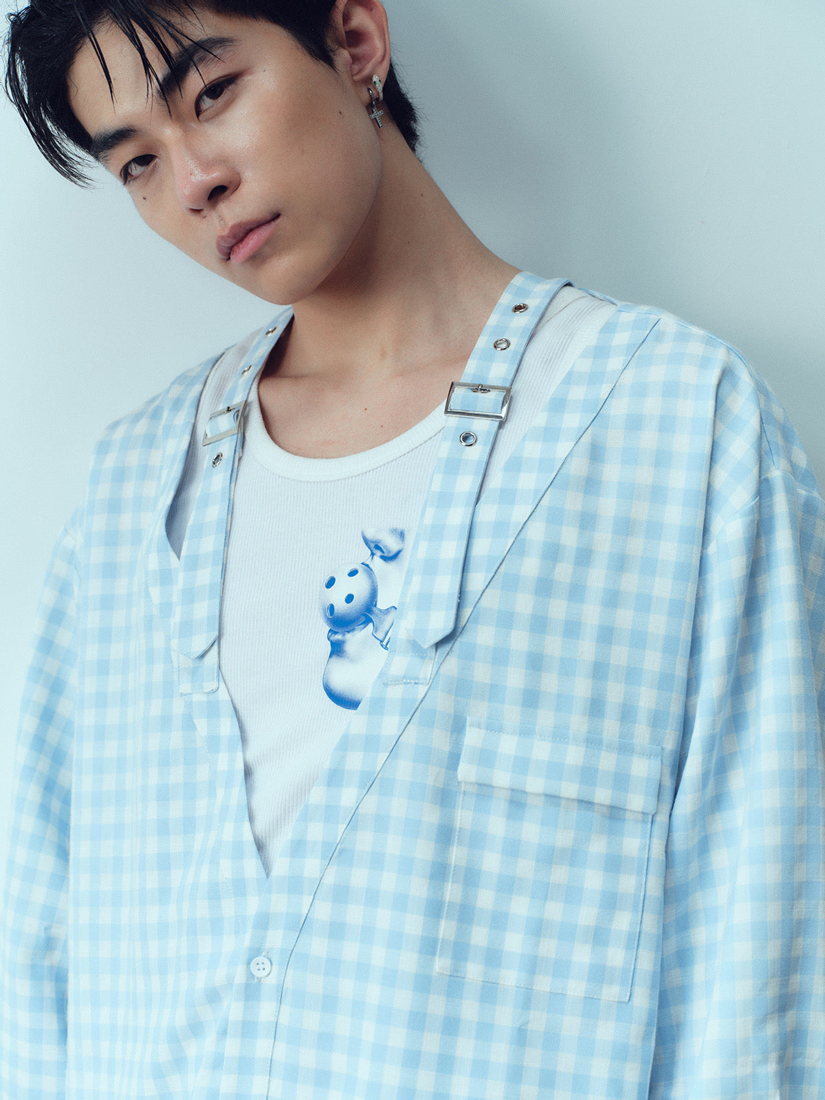 Checkered deep V-neck shirt
