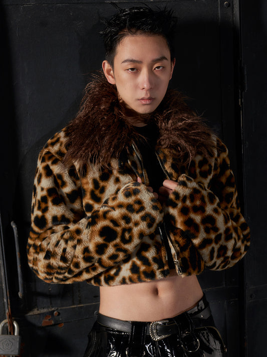 Leopard print fur short jacket
