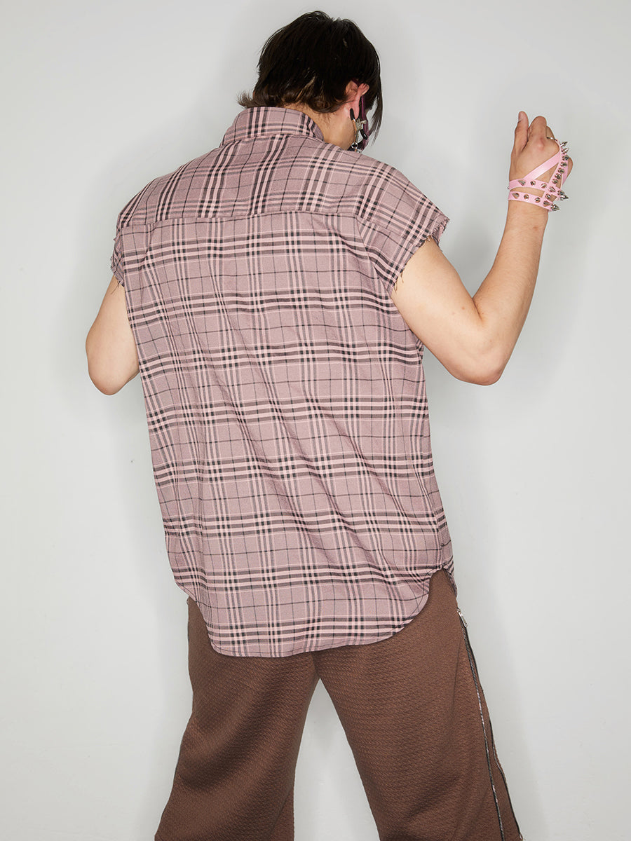Checkered sleeveless zippered shirt