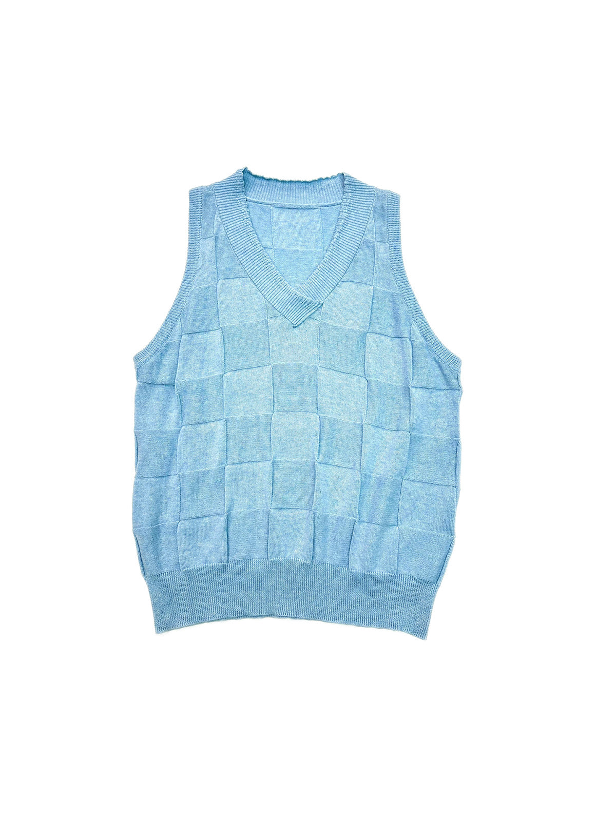 Checkered lace V-neck sleeveless knitted shirt