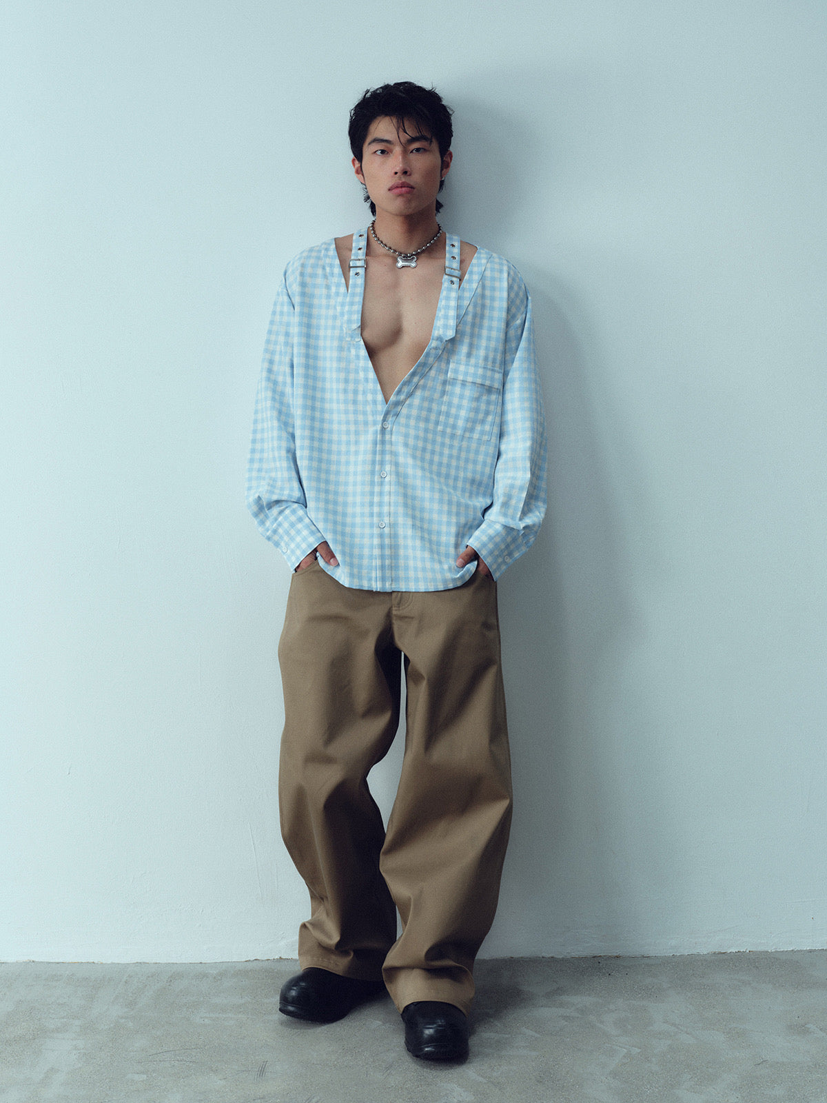 Checkered deep V-neck shirt