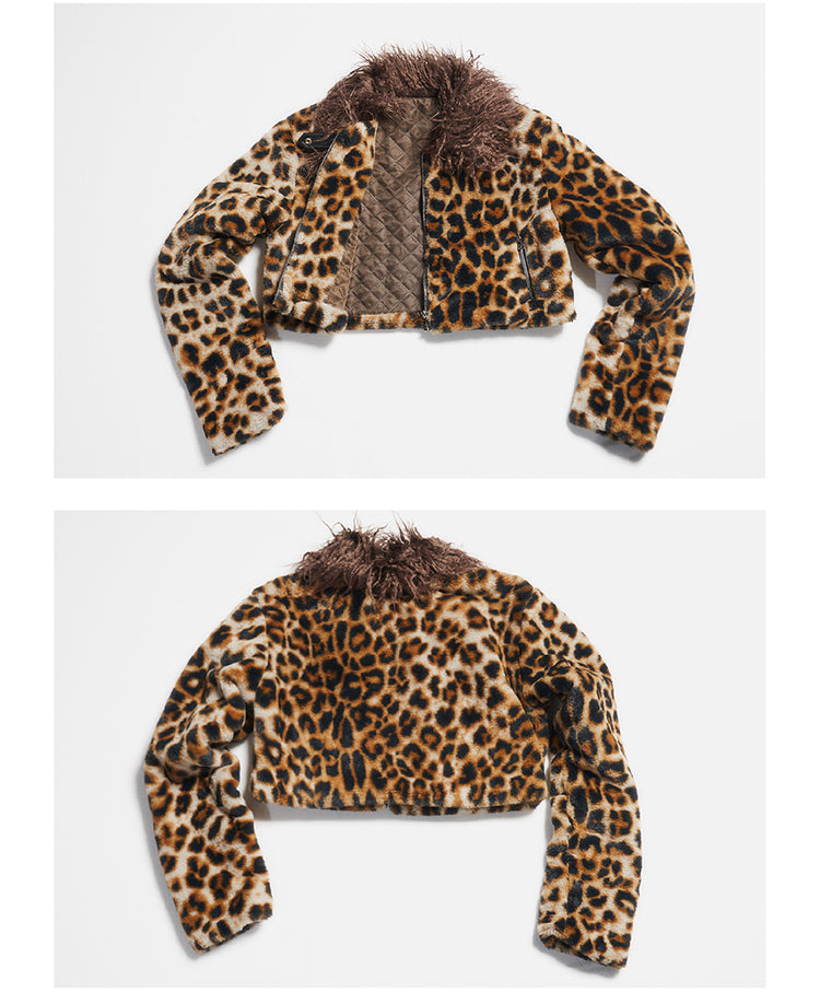 Leopard print fur short jacket