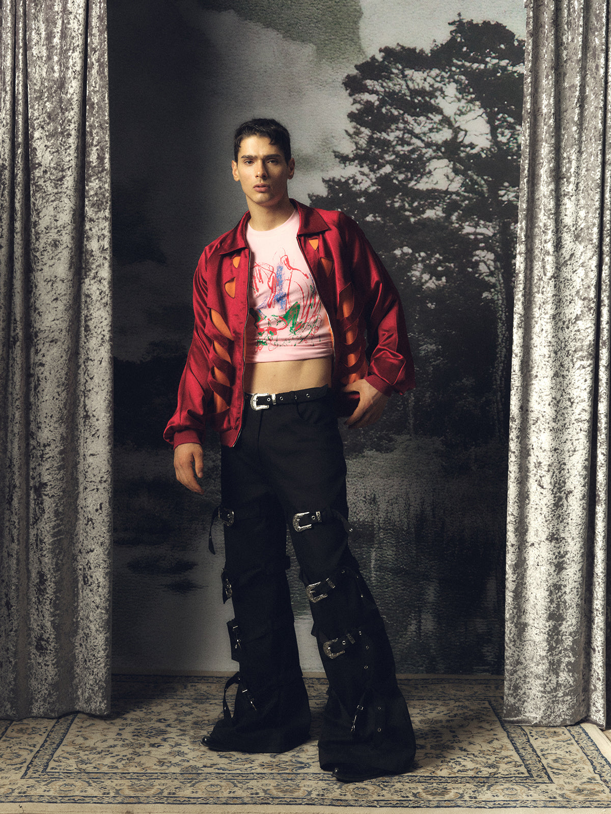 Strap retro carved iron buckle pants