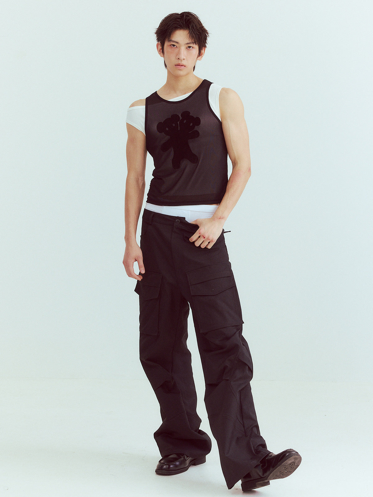 Little bear print black and white two-piece set