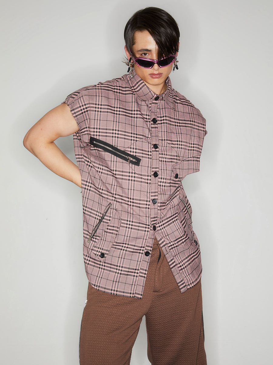 Checkered sleeveless zippered shirt