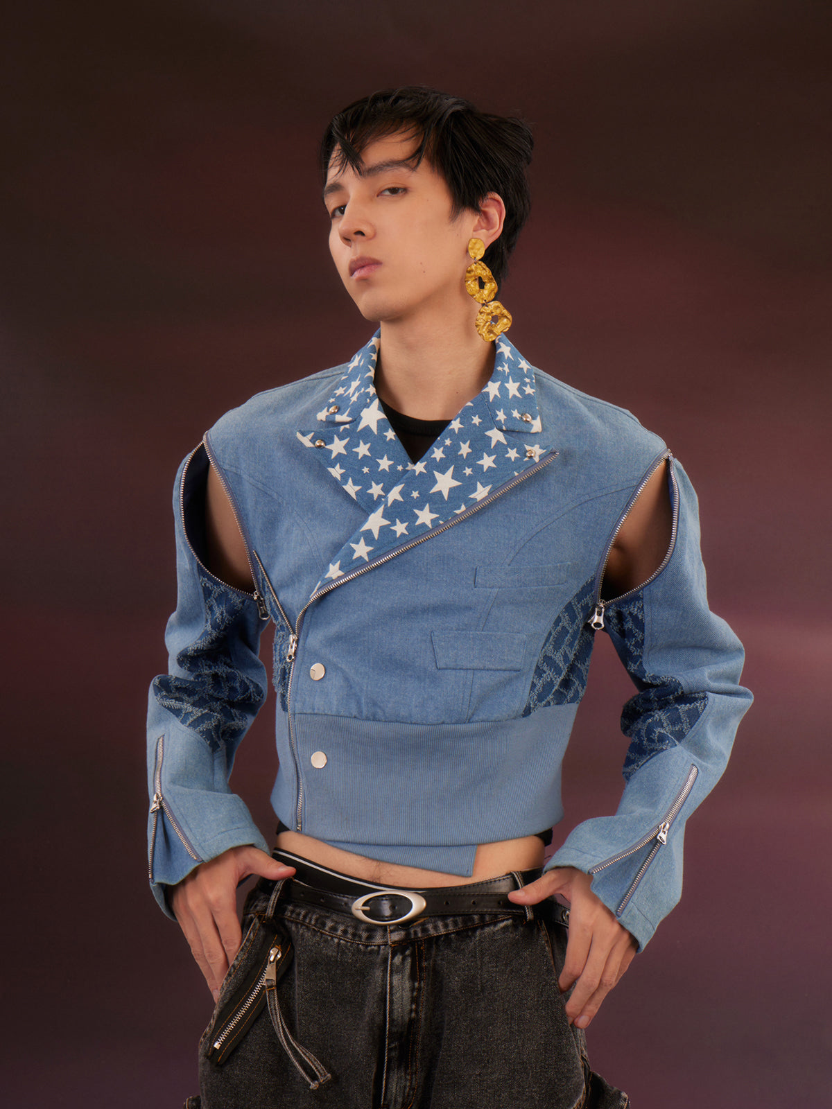 Denim sleeves detachable short jacket