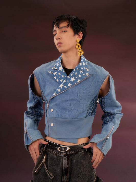 Denim sleeves detachable short jacket