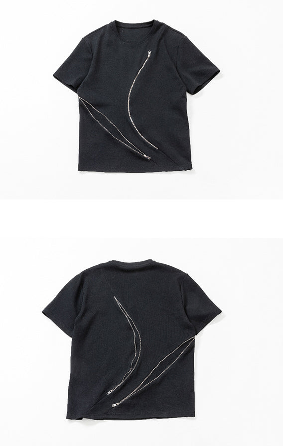 Black curved zipper short sleeved T-shirt