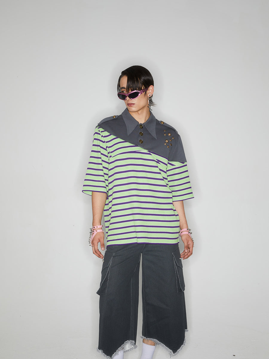 Striped patchwork polo shirt