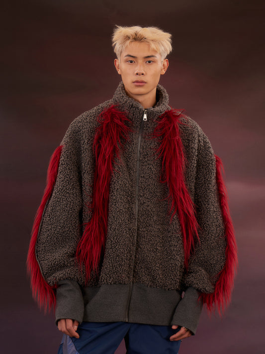 Red plush patchwork plush jacket