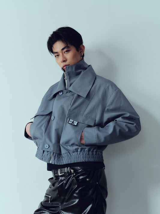 Double layered stand collar workwear short jacket