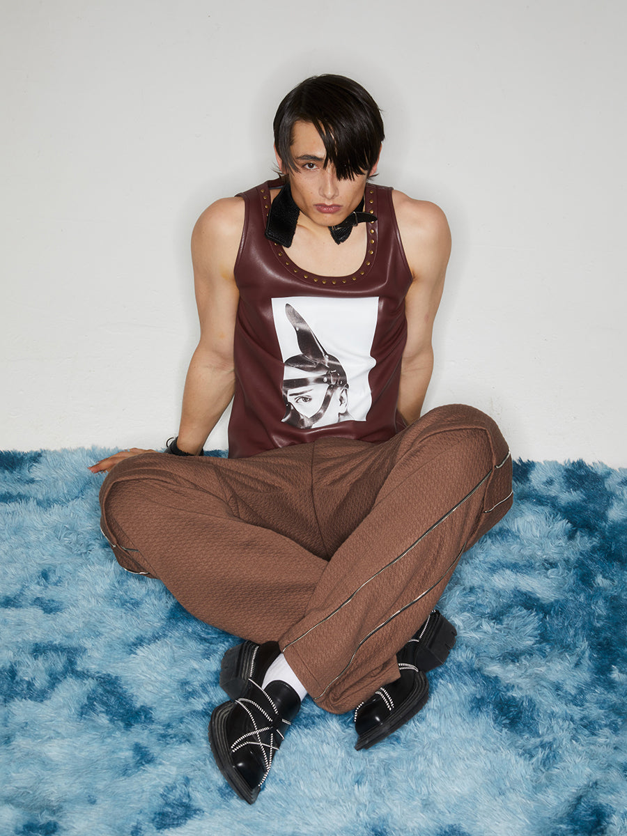 Brown printed rivet leather vest