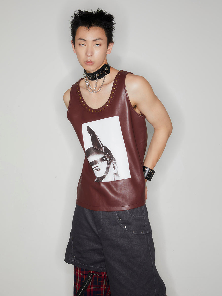 Brown printed rivet leather vest